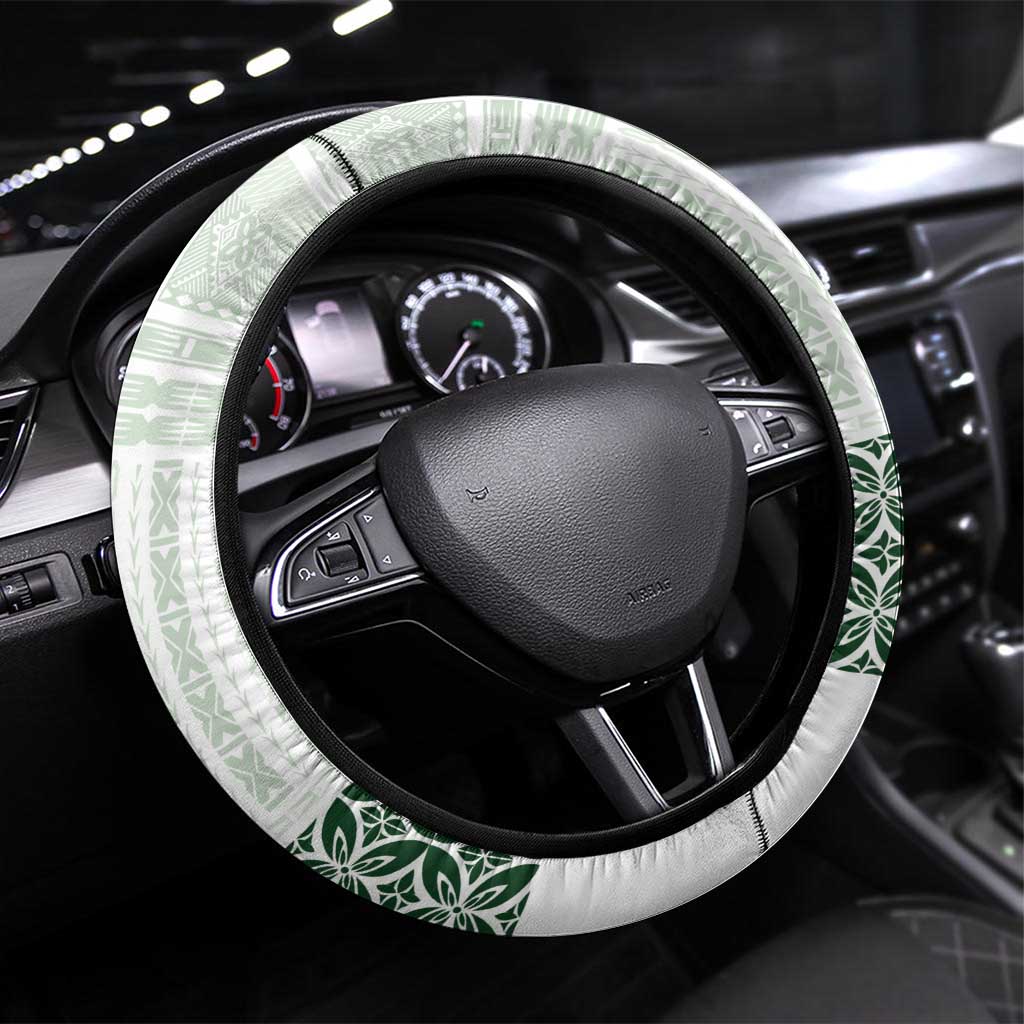 Samoa Siapo Green Trimmed Steering Wheel Cover Samoa White Sunday LT01 Universal Fit Green - Polynesian Pride