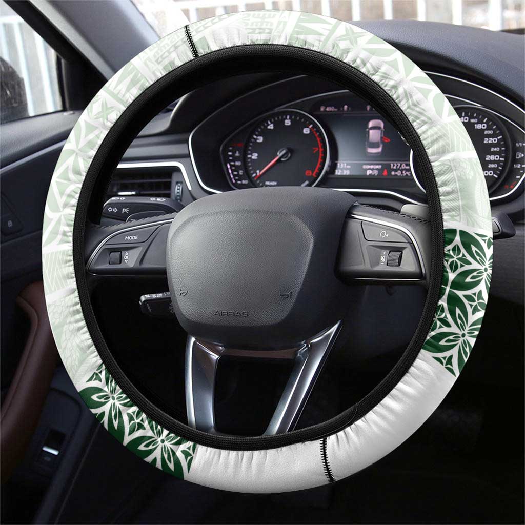 Samoa Siapo Green Trimmed Steering Wheel Cover Samoa White Sunday LT01 - Polynesian Pride
