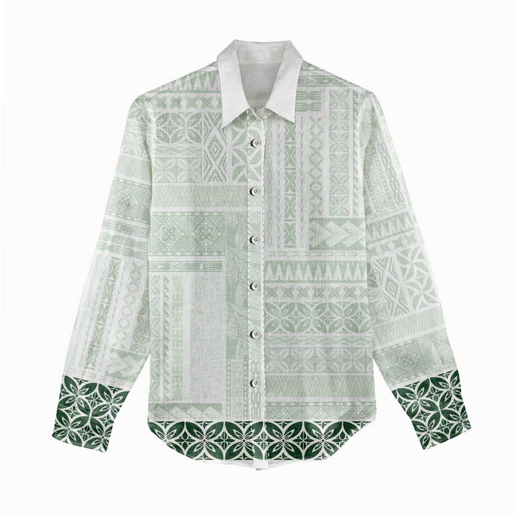 Samoa Siapo Green Trimmed Women Casual Shirt Samoa White Sunday - Polynesian Pride
