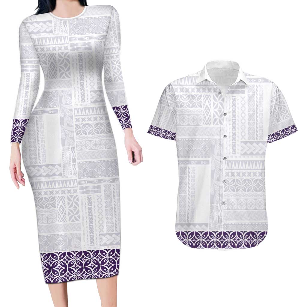 Samoa Siapo Purple Trimmed Couples Matching Long Sleeve Bodycon Dress and Hawaiian Shirt Samoa White Sunday - Polynesian Pride