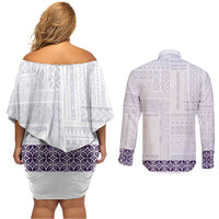 Samoa Siapo Purple Trimmed Couples Matching Off Shoulder Short Dress and Long Sleeve Button Shirt Samoa White Sunday - Polynesian Pride