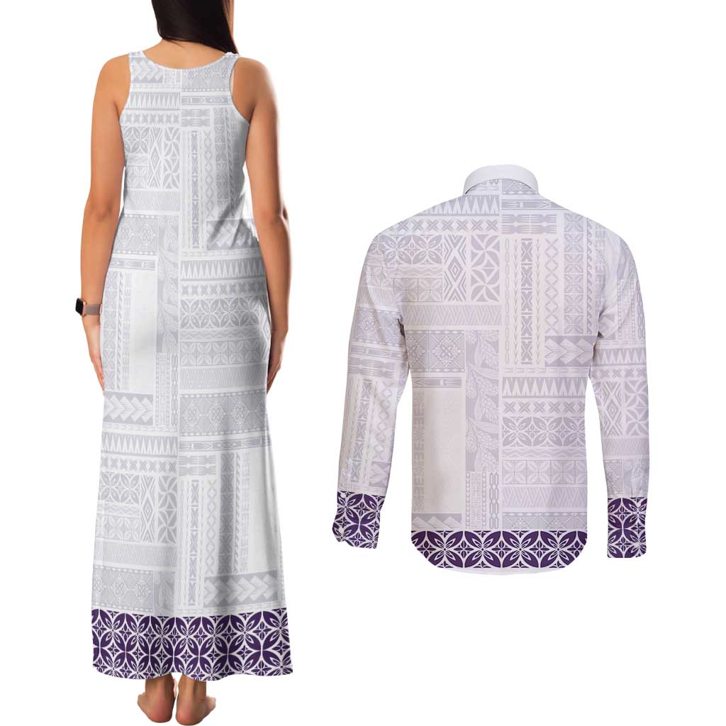 Samoa Siapo Purple Trimmed Couples Matching Tank Maxi Dress and Long Sleeve Button Shirt Samoa White Sunday - Polynesian Pride