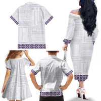 Samoa Siapo Purple Trimmed Family Matching Off The Shoulder Long Sleeve Dress and Hawaiian Shirt Samoa White Sunday - Polynesian Pride
