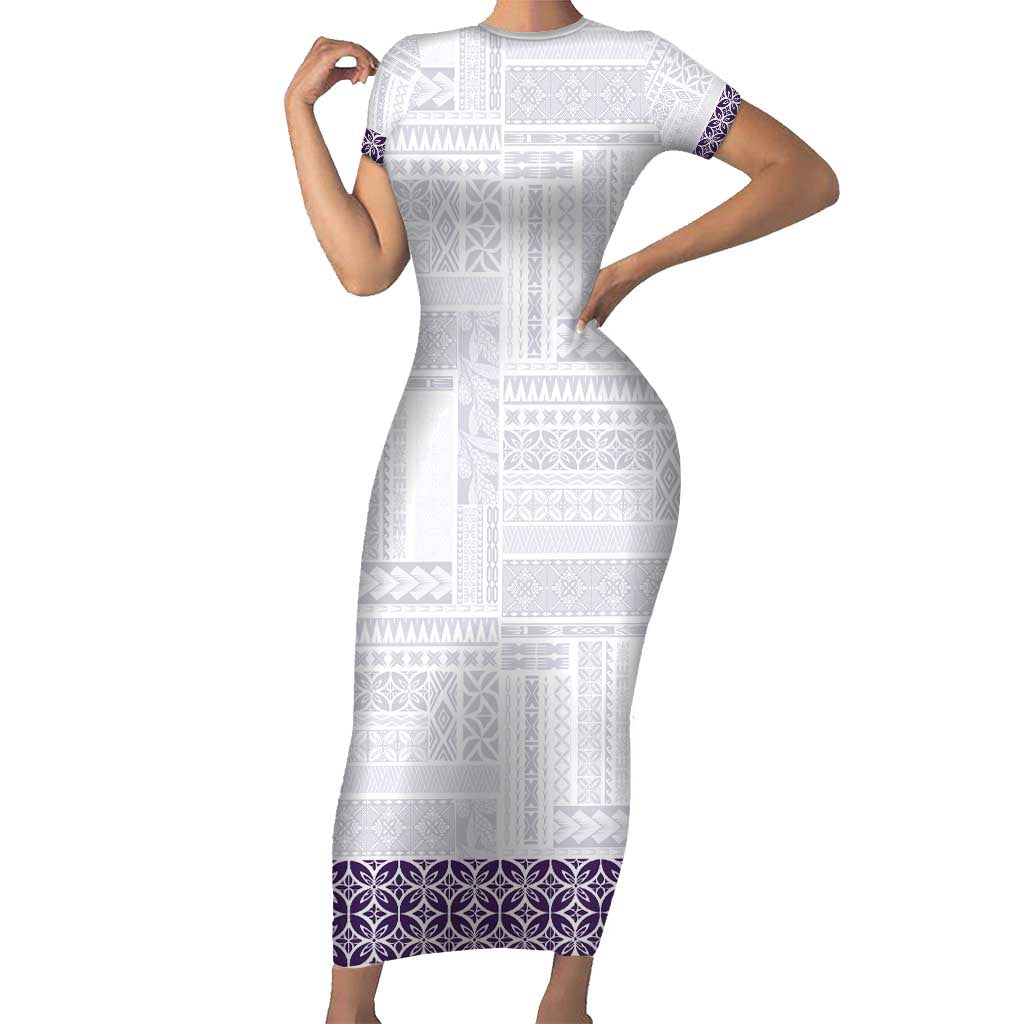 Samoa Siapo Purple Trimmed Family Matching Short Sleeve Bodycon Dress and Hawaiian Shirt Samoa White Sunday - Polynesian Pride