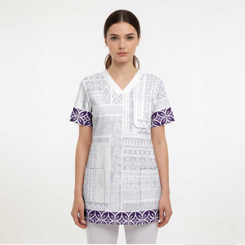 Samoa Siapo Purple Trimmed Scrub Top Samoa White Sunday - Polynesian Pride