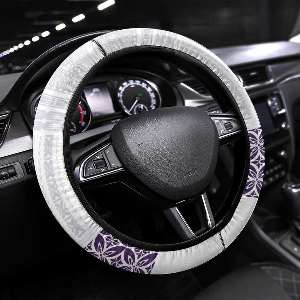 Samoa Siapo Purple Trimmed Steering Wheel Cover Samoa White Sunday LT01 Universal Fit Purple - Polynesian Pride