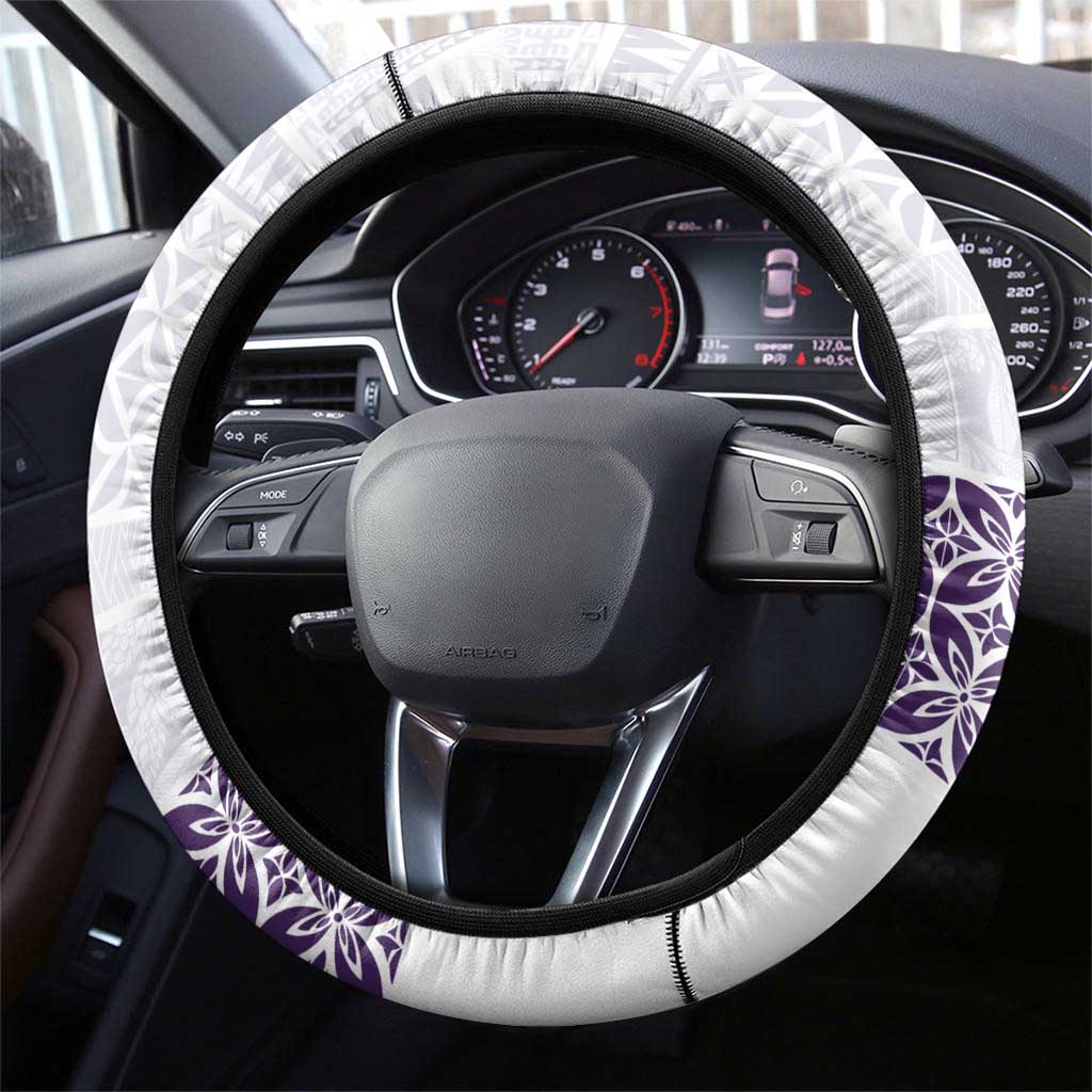 Samoa Siapo Purple Trimmed Steering Wheel Cover Samoa White Sunday LT01 - Polynesian Pride
