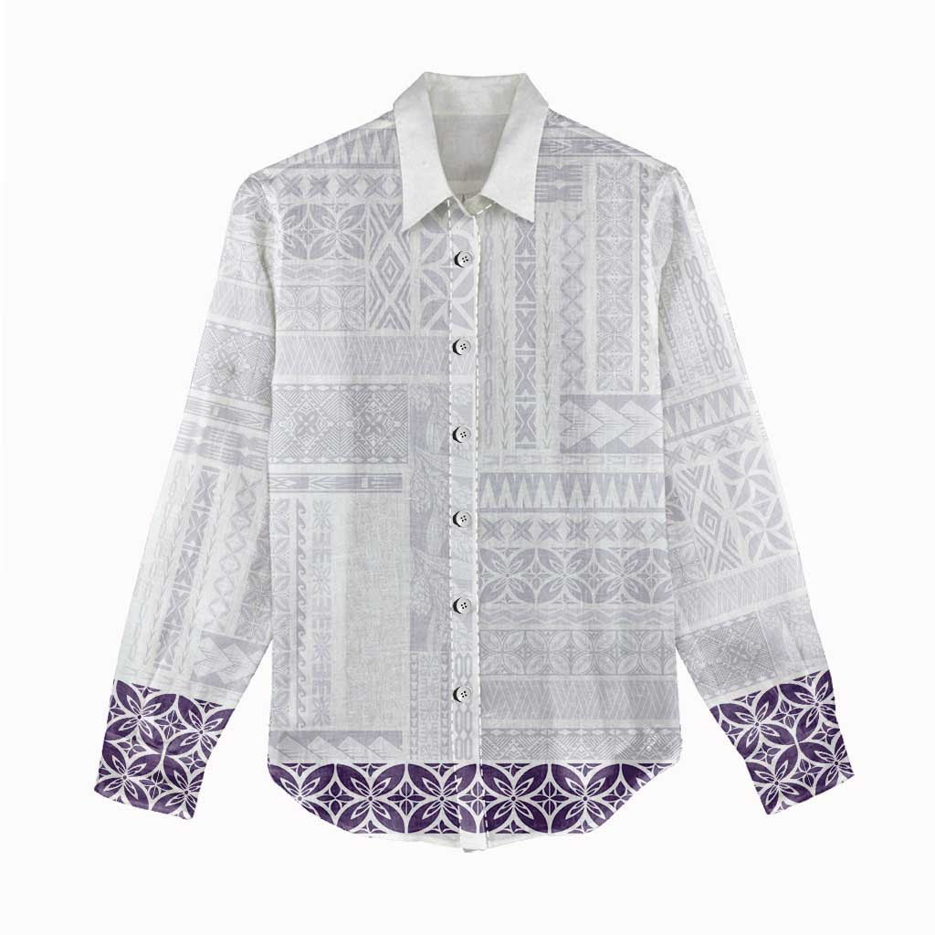 Samoa Siapo Purple Trimmed Women Casual Shirt Samoa White Sunday - Polynesian Pride