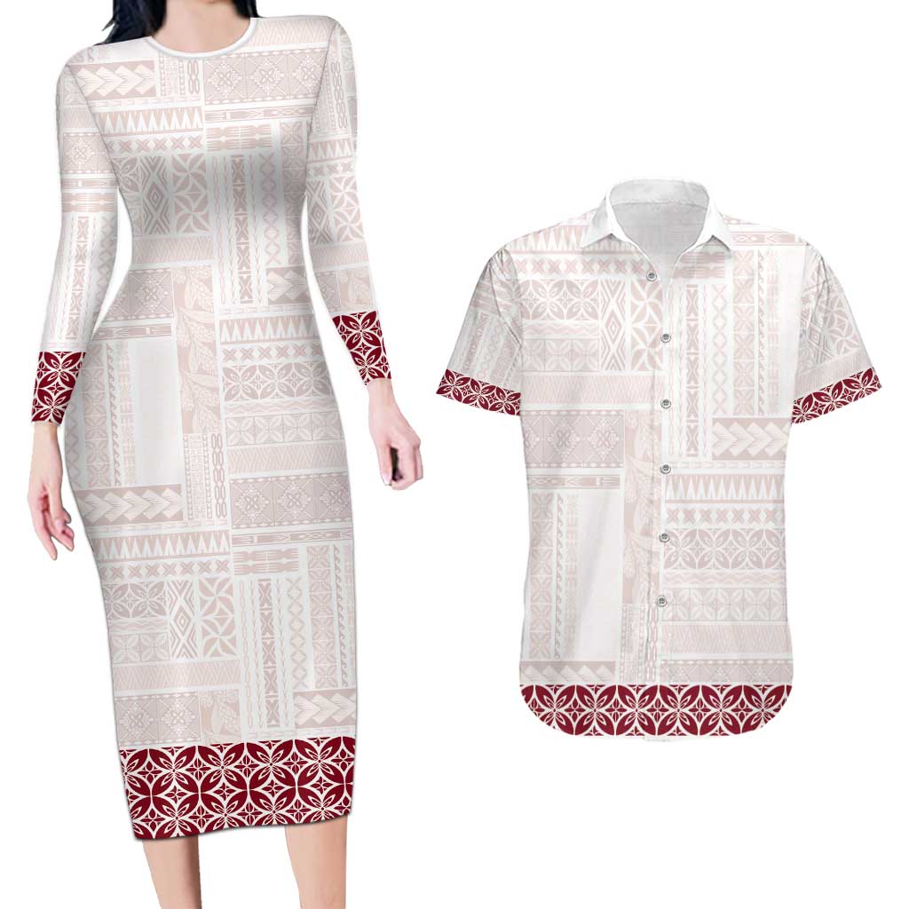 Samoa Siapo Red Trimmed Couples Matching Long Sleeve Bodycon Dress and Hawaiian Shirt Samoa White Sunday - Polynesian Pride
