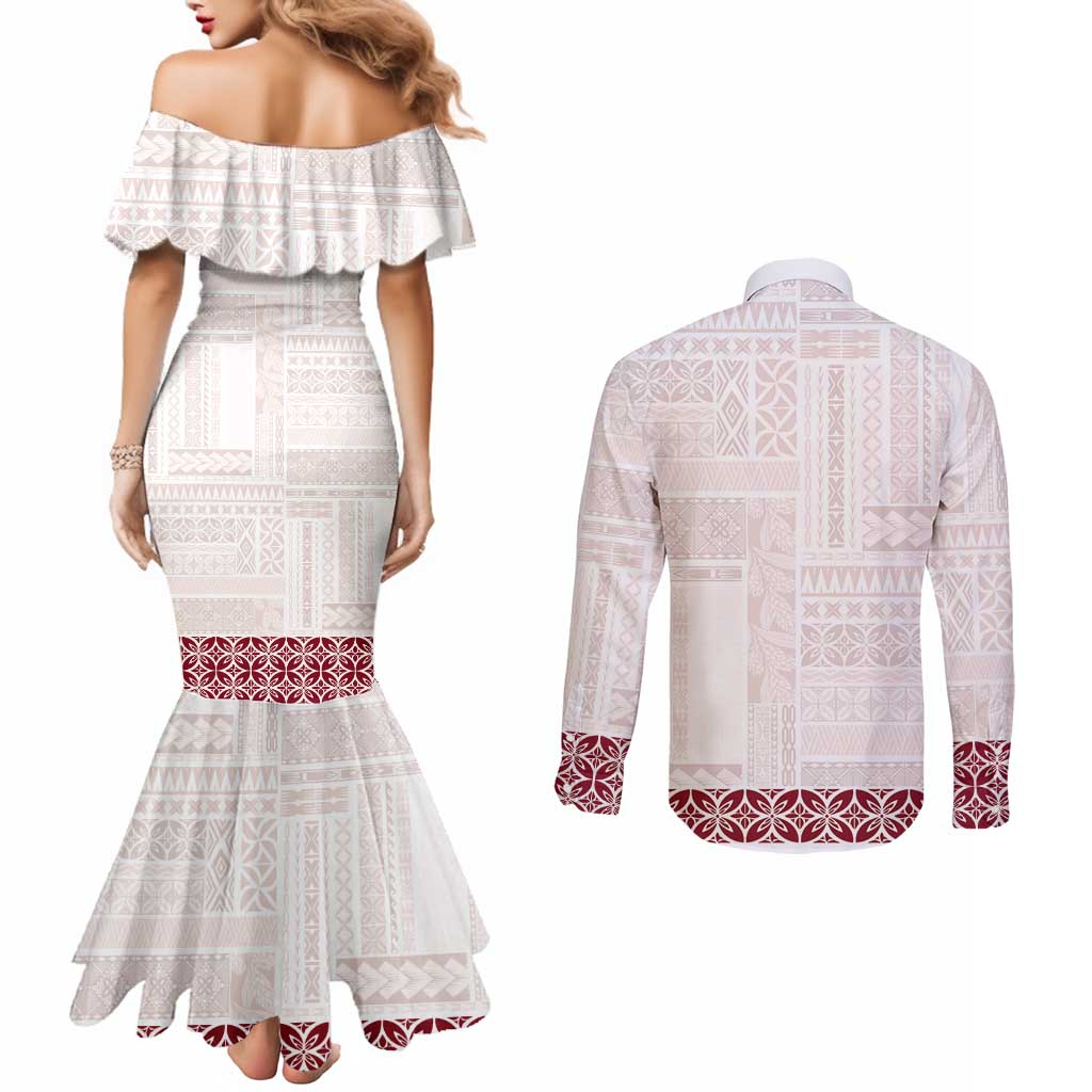 Samoa Siapo Red Trimmed Couples Matching Mermaid Dress and Long Sleeve Button Shirt Samoa White Sunday - Polynesian Pride