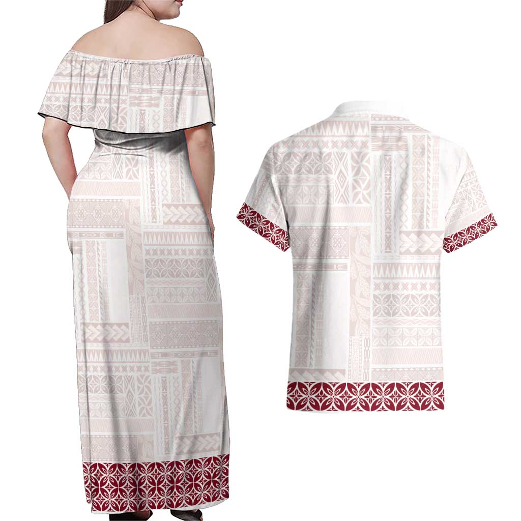 Samoa Siapo Red Trimmed Couples Matching Off Shoulder Maxi Dress and Hawaiian Shirt Samoa White Sunday - Polynesian Pride
