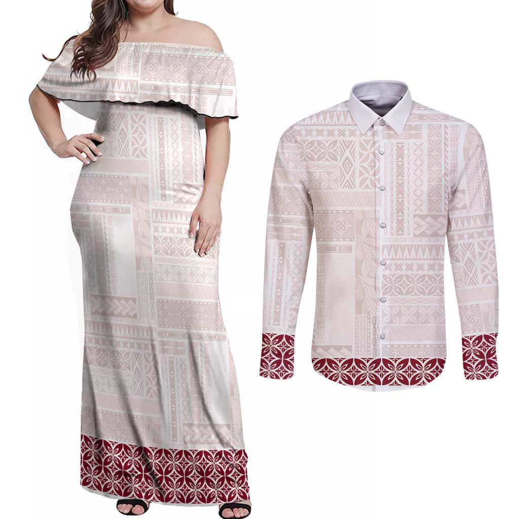Samoa Siapo Red Trimmed Couples Matching Off Shoulder Maxi Dress and Long Sleeve Button Shirt Samoa White Sunday - Polynesian Pride