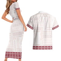 Samoa Siapo Red Trimmed Couples Matching Short Sleeve Bodycon Dress and Hawaiian Shirt Samoa White Sunday - Polynesian Pride