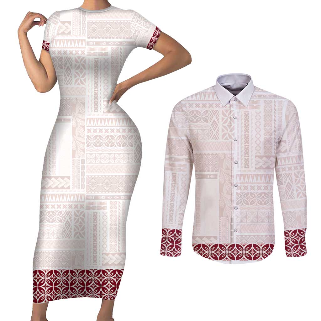 Samoa Siapo Red Trimmed Couples Matching Short Sleeve Bodycon Dress and Long Sleeve Button Shirt Samoa White Sunday - Polynesian Pride