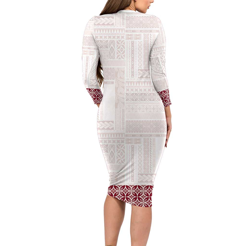 Samoa Siapo Red Trimmed Family Matching Long Sleeve Bodycon Dress and Hawaiian Shirt Samoa White Sunday - Polynesian Pride