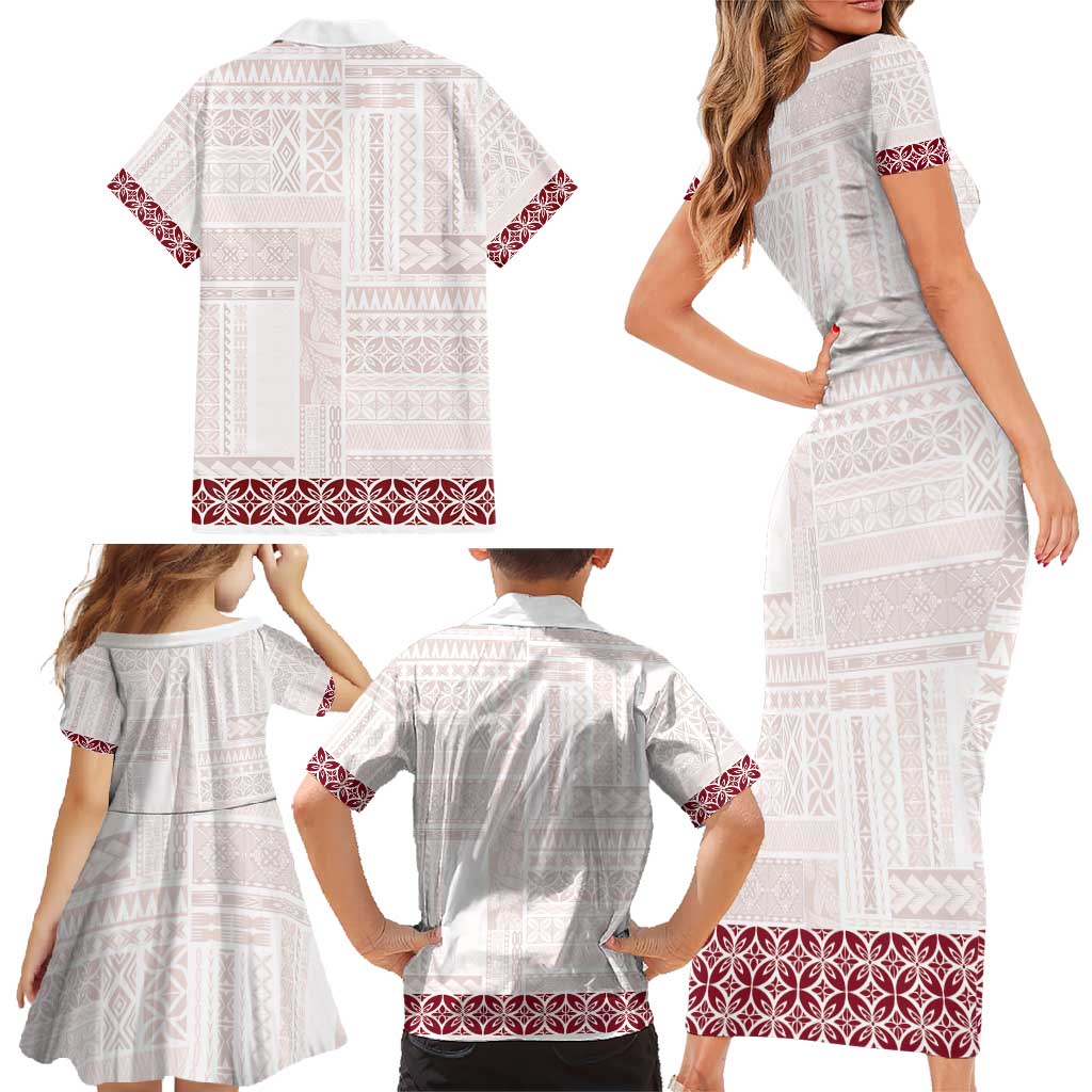 Samoa Siapo Red Trimmed Family Matching Short Sleeve Bodycon Dress and Hawaiian Shirt Samoa White Sunday - Polynesian Pride