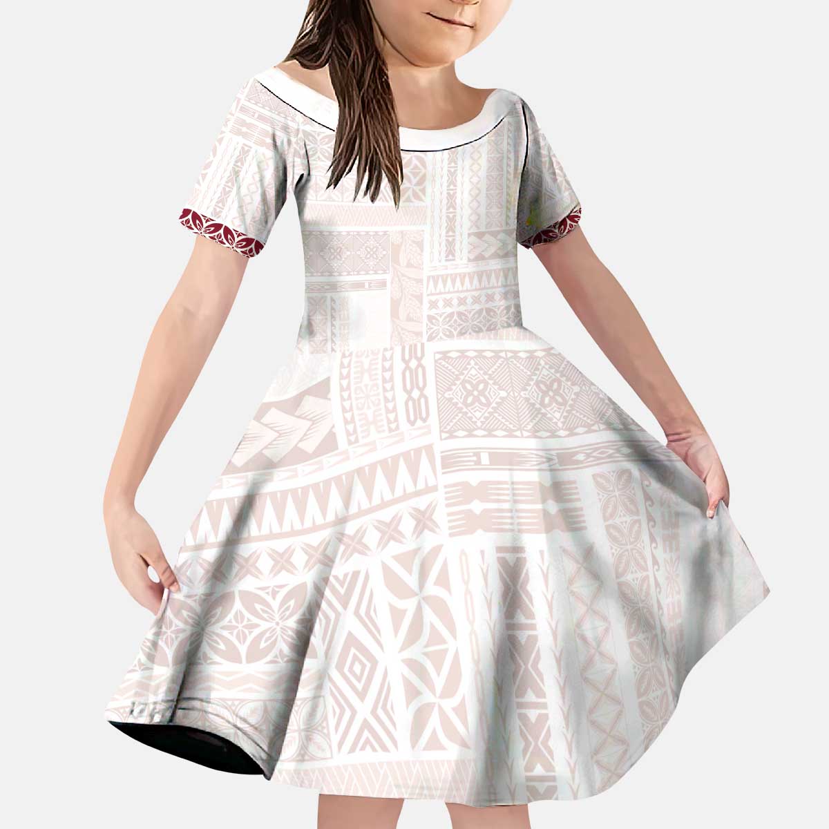 Samoa Siapo Red Trimmed Kid Short Sleeve Dress Samoa White Sunday - Polynesian Pride