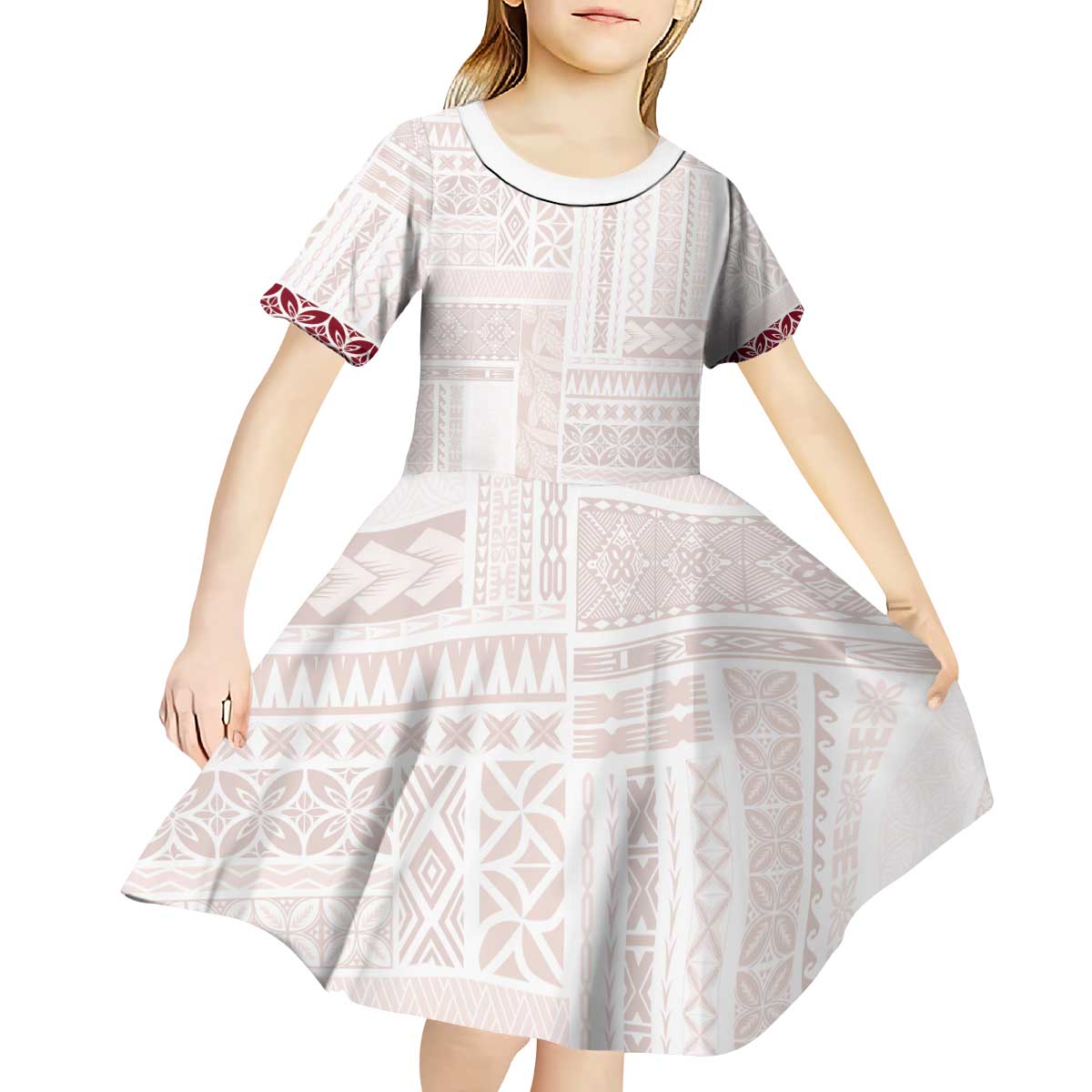Samoa Siapo Red Trimmed Kid Short Sleeve Dress Samoa White Sunday - Polynesian Pride