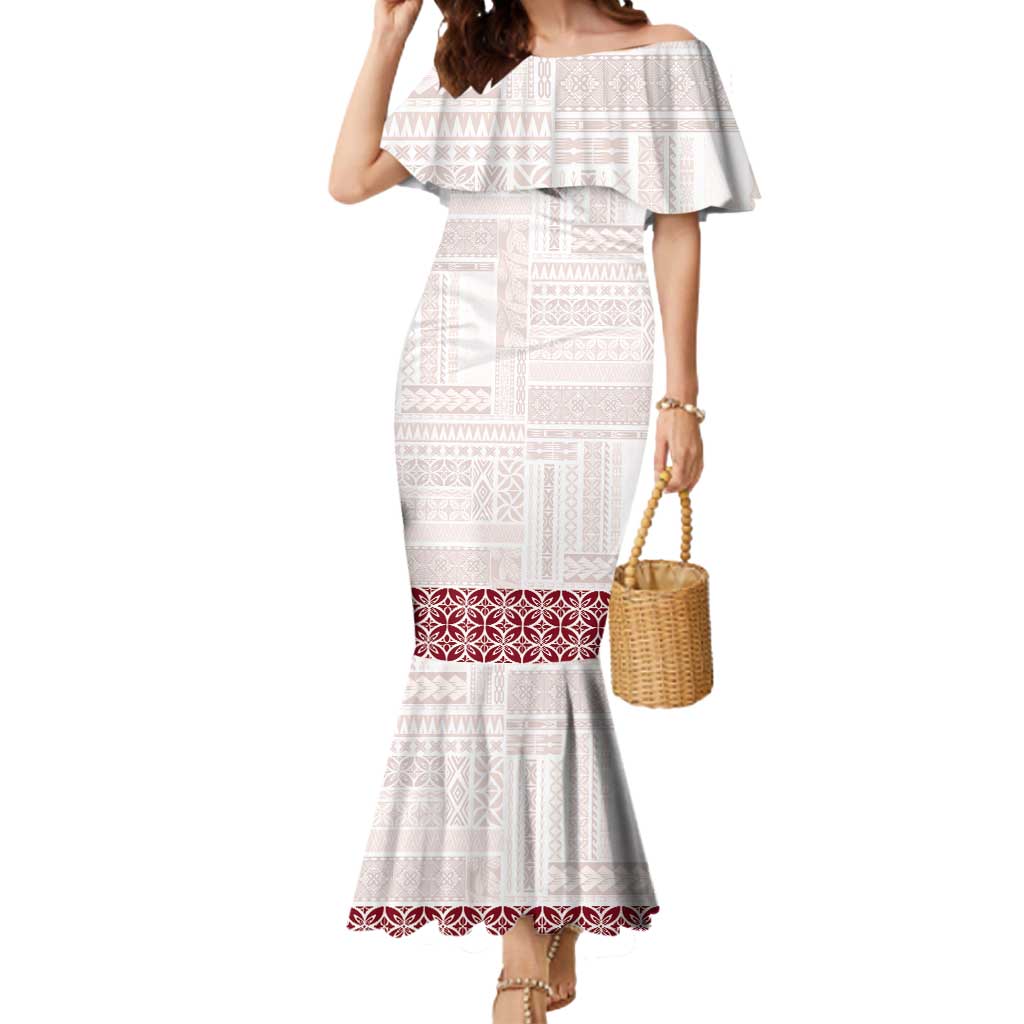 Samoa Siapo Red Trimmed Mermaid Dress Samoa White Sunday - Polynesian Pride
