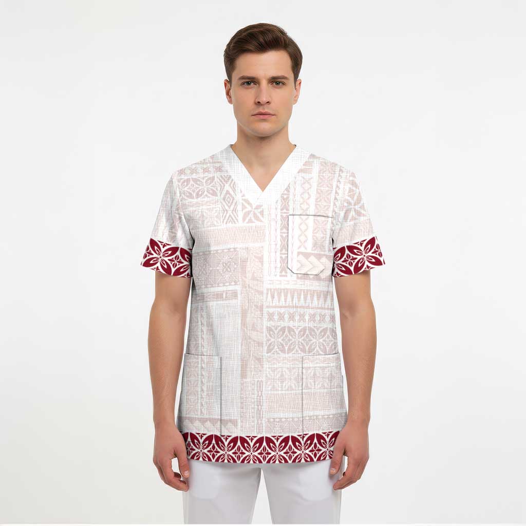 Samoa Siapo Red Trimmed Scrub Top Samoa White Sunday - Polynesian Pride