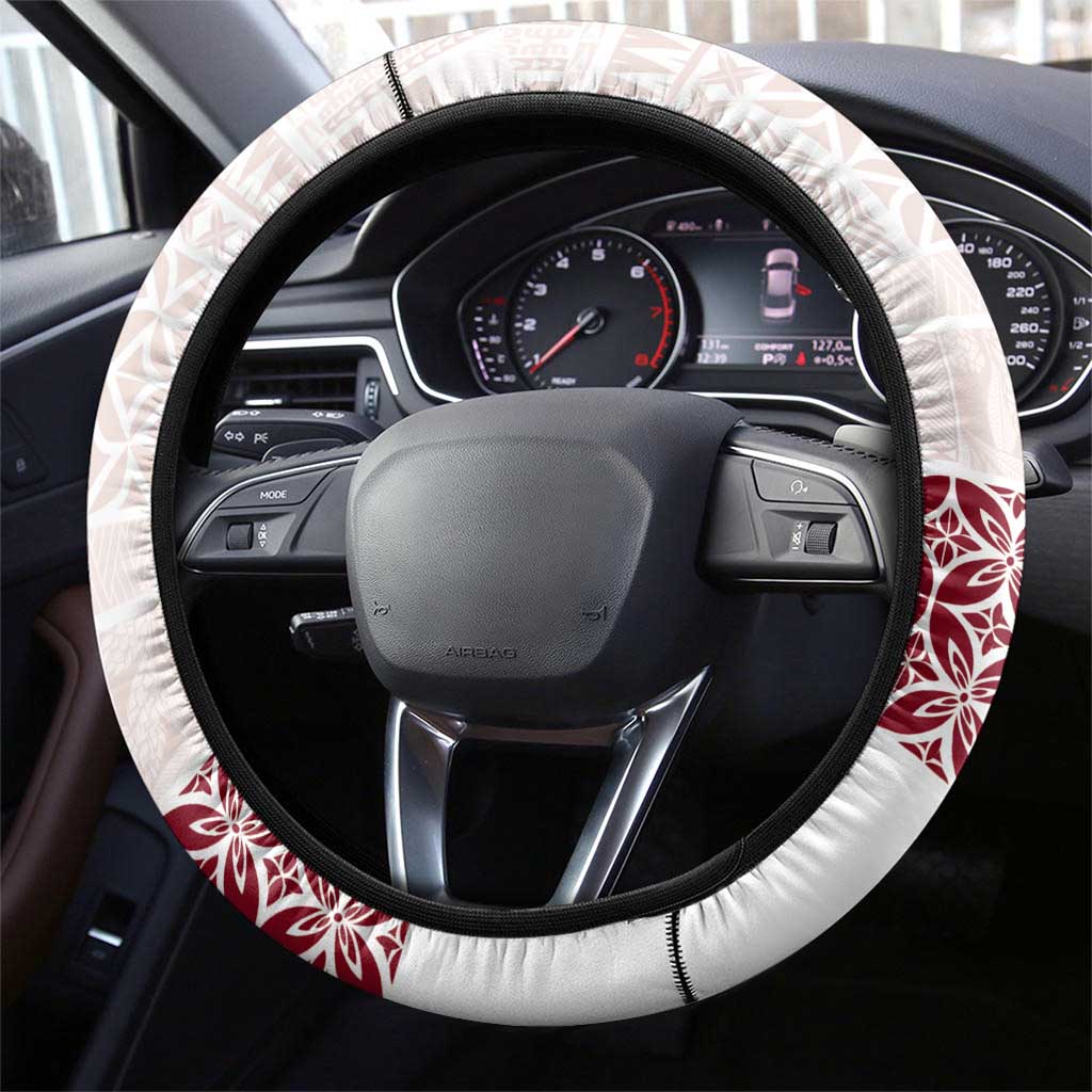 Samoa Siapo Red Trimmed Steering Wheel Cover Samoa White Sunday LT01 - Polynesian Pride