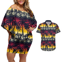 Hawaii Hibiscus Palm Tree Sunset Couples Matching Off Shoulder Short Dress and Hawaiian Shirt Tropical Style - Polynesian Pride
