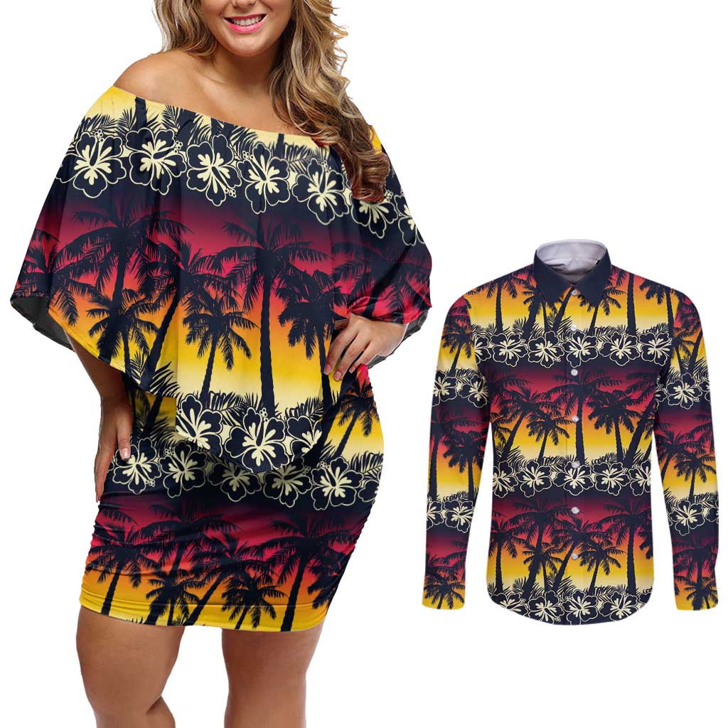 Hawaii Hibiscus Palm Tree Sunset Couples Matching Off Shoulder Short Dress and Long Sleeve Button Shirt Tropical Style - Polynesian Pride