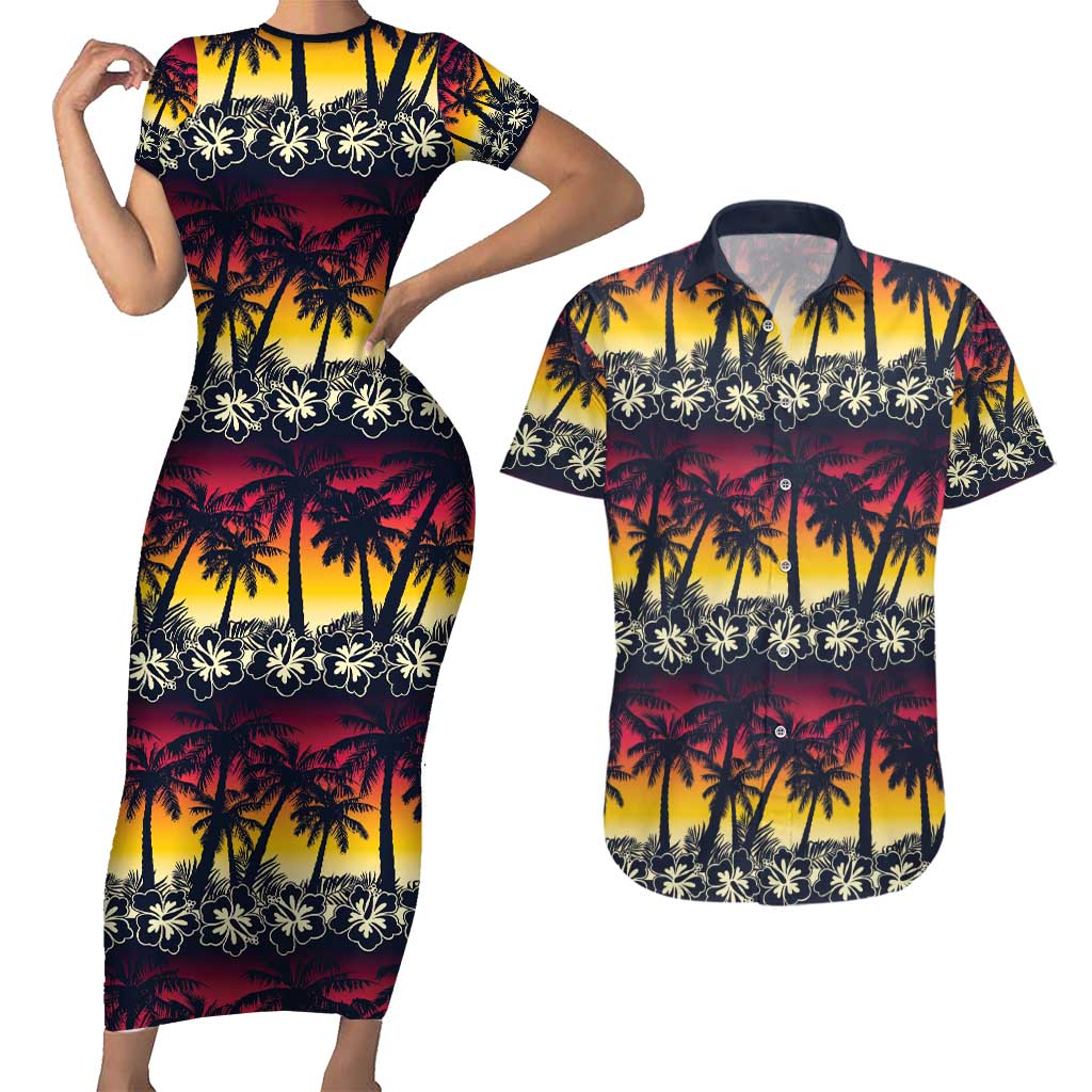Hawaii Hibiscus Palm Tree Sunset Couples Matching Short Sleeve Bodycon Dress and Hawaiian Shirt Tropical Style - Polynesian Pride