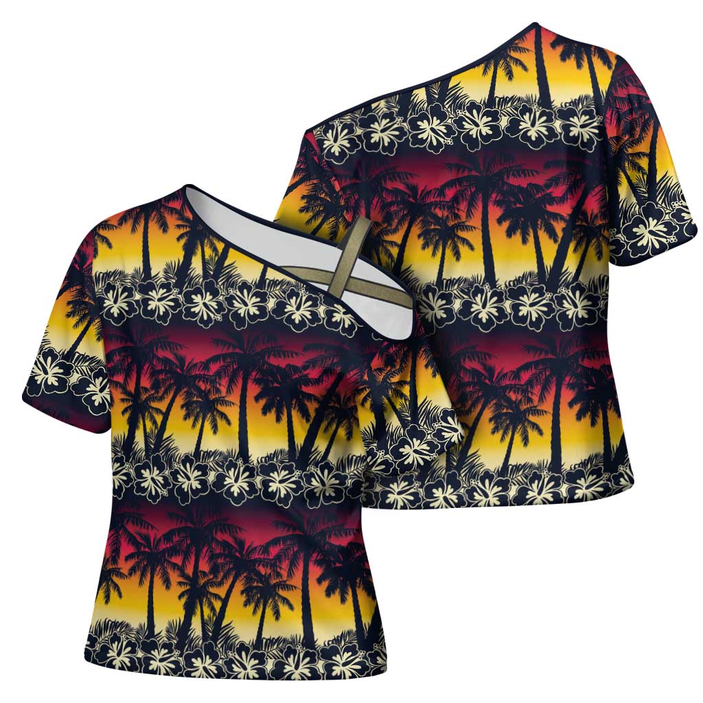 Hawaii Hibiscus Palm Tree Sunset Cross Shoulder Shirt Tropical Style - Polynesian Pride