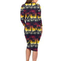 Hawaii Hibiscus Palm Tree Sunset Family Matching Long Sleeve Bodycon Dress and Hawaiian Shirt Tropical Style - Polynesian Pride