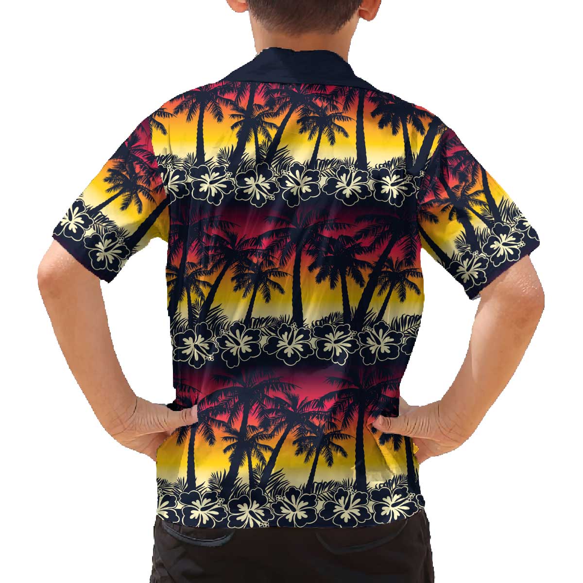 Hawaii Hibiscus Palm Tree Sunset Family Matching Off The Shoulder Long Sleeve Dress and Hawaiian Shirt Tropical Style - Polynesian Pride