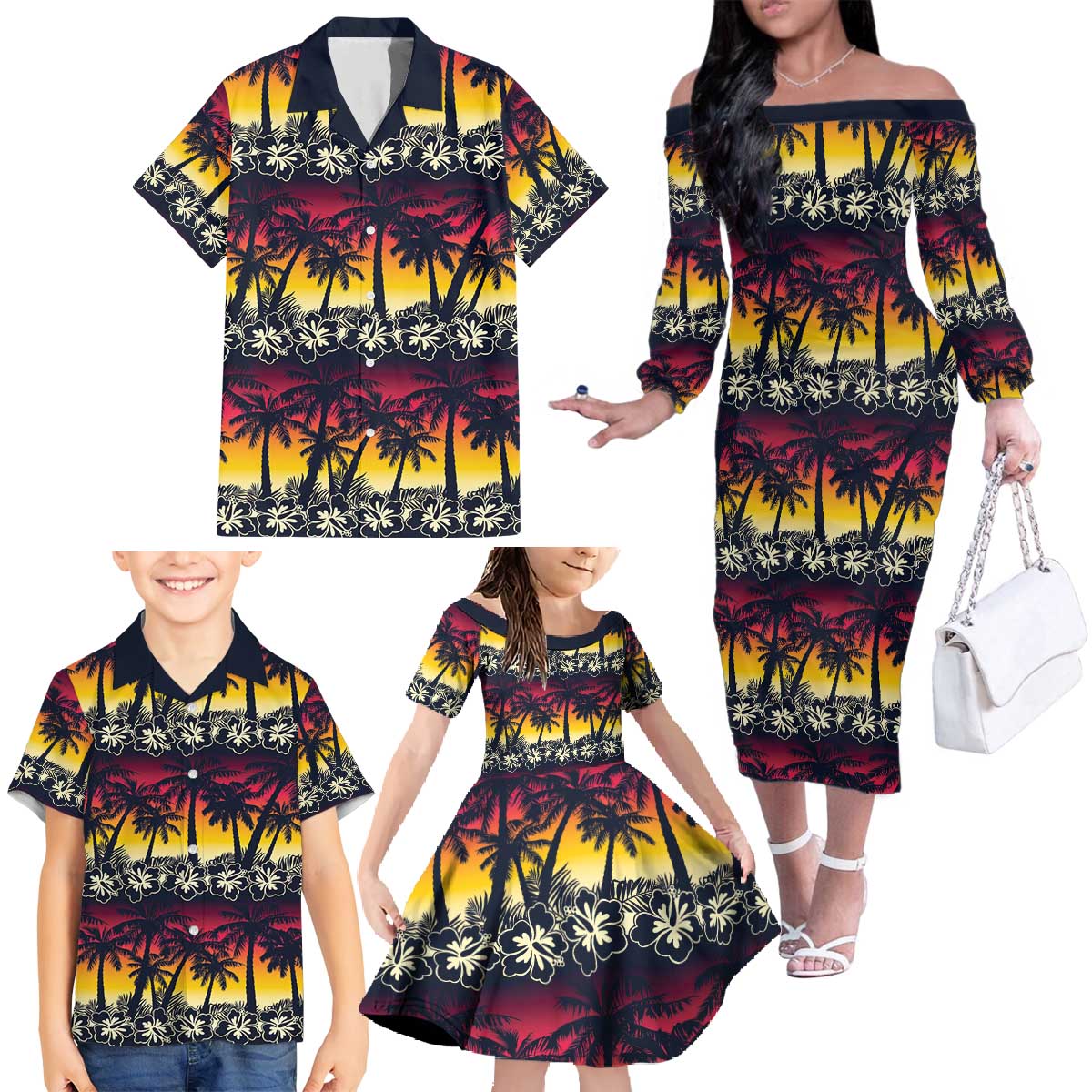 Hawaii Hibiscus Palm Tree Sunset Family Matching Off The Shoulder Long Sleeve Dress and Hawaiian Shirt Tropical Style - Polynesian Pride