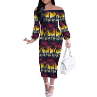 Hawaii Hibiscus Palm Tree Sunset Family Matching Off The Shoulder Long Sleeve Dress and Hawaiian Shirt Tropical Style - Polynesian Pride