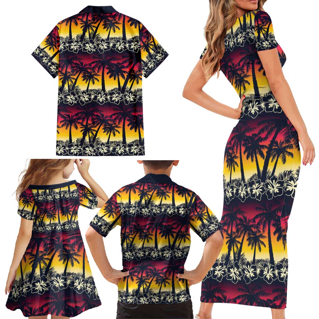Hawaii Hibiscus Palm Tree Sunset Family Matching Short Sleeve Bodycon Dress and Hawaiian Shirt Tropical Style - Polynesian Pride