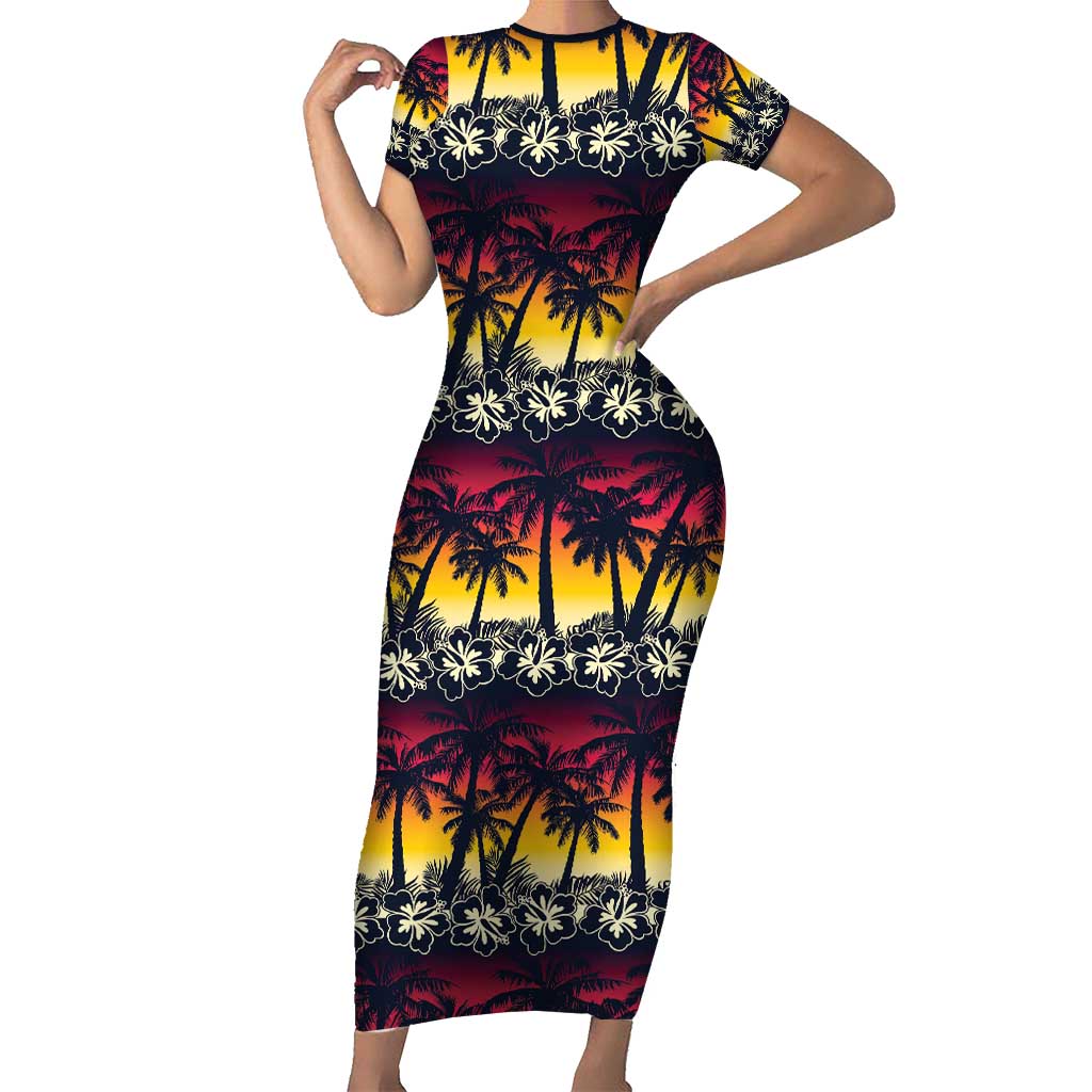 Hawaii Hibiscus Palm Tree Sunset Family Matching Short Sleeve Bodycon Dress and Hawaiian Shirt Tropical Style - Polynesian Pride