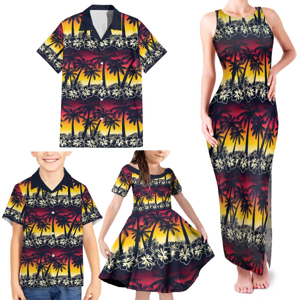 Hawaii Hibiscus Palm Tree Sunset Family Matching Tank Maxi Dress and Hawaiian Shirt Tropical Style - Polynesian Pride