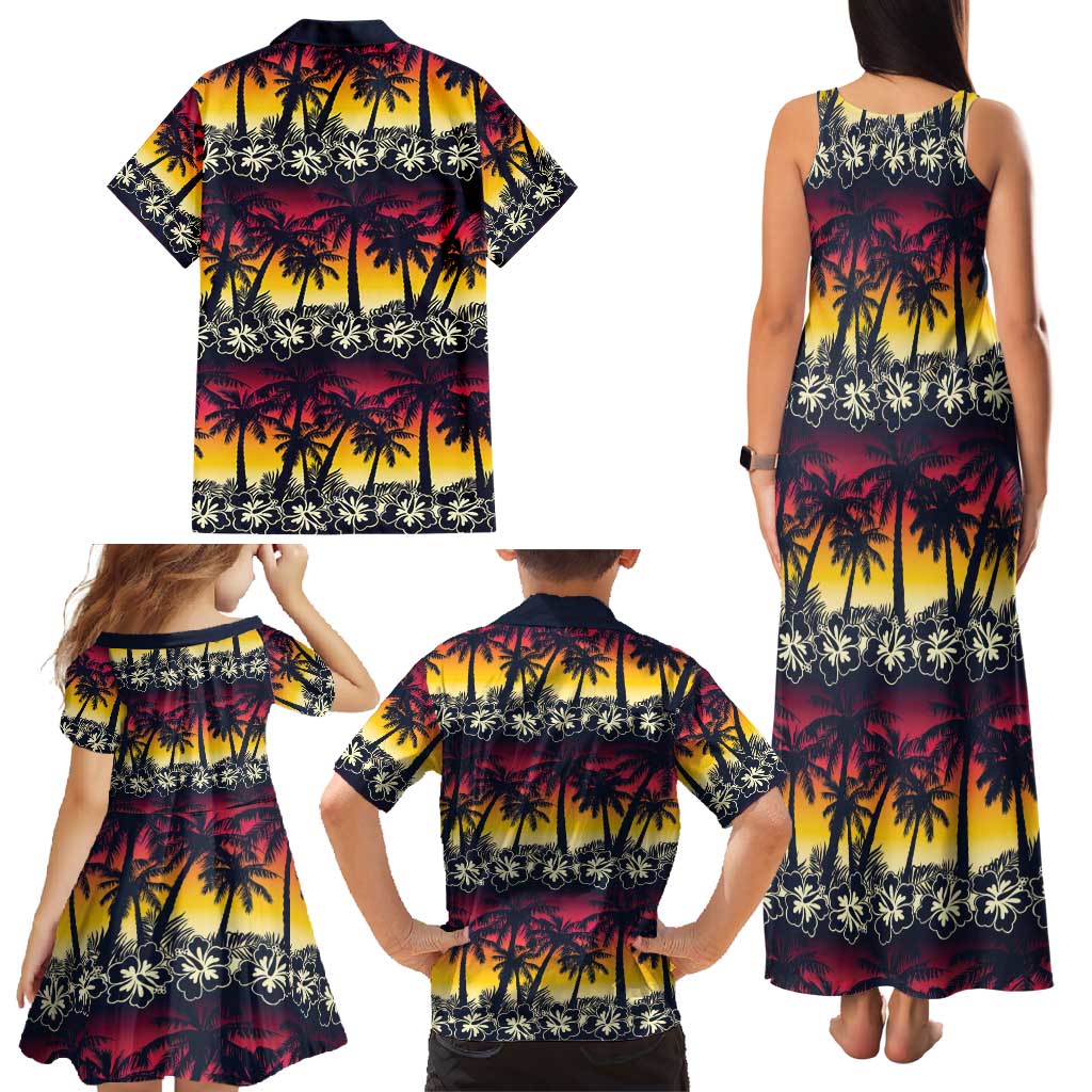 Hawaii Hibiscus Palm Tree Sunset Family Matching Tank Maxi Dress and Hawaiian Shirt Tropical Style - Polynesian Pride