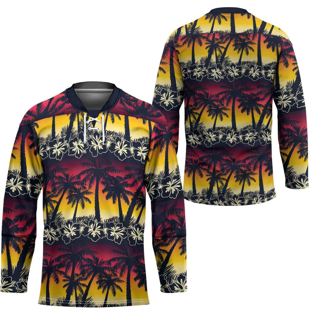 Hawaii Hibiscus Palm Tree Sunset Hockey Jersey Tropical Style - Polynesian Pride