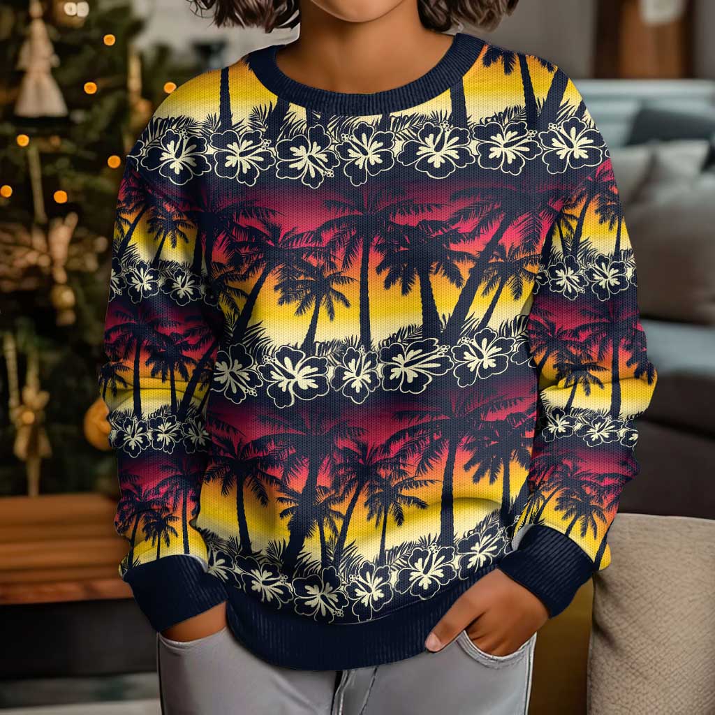 Hawaii Hibiscus Palm Tree Sunset Kid Ugly Christmas Sweater Tropical Style - Polynesian Pride