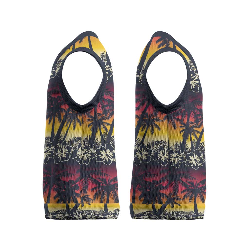 Hawaii Hibiscus Palm Tree Sunset Christmas Knitted V-Neck Vest Tropical Style - Polynesian Pride