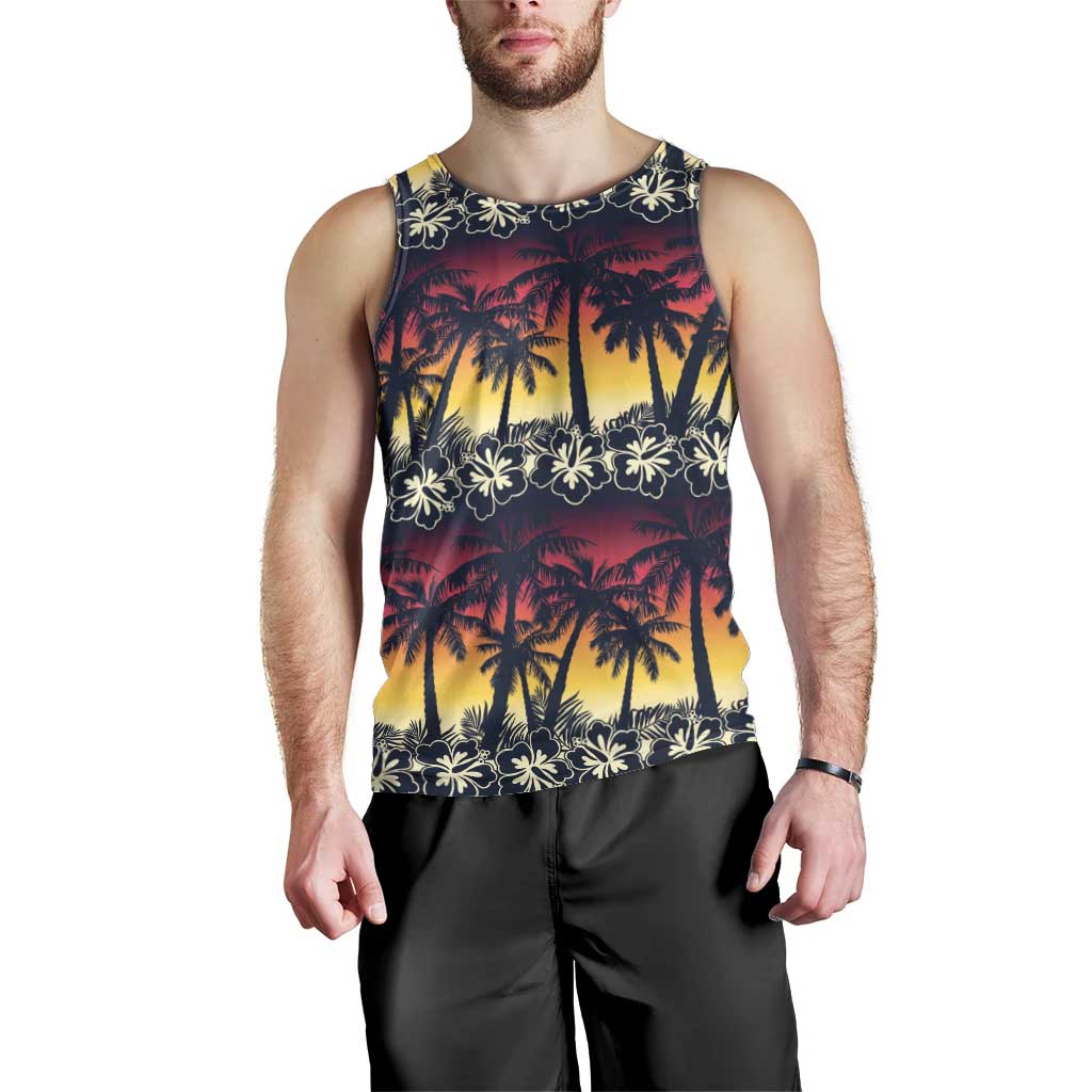 Hawaii Hibiscus Palm Tree Sunset Men Tank Top Tropical Style - Polynesian Pride