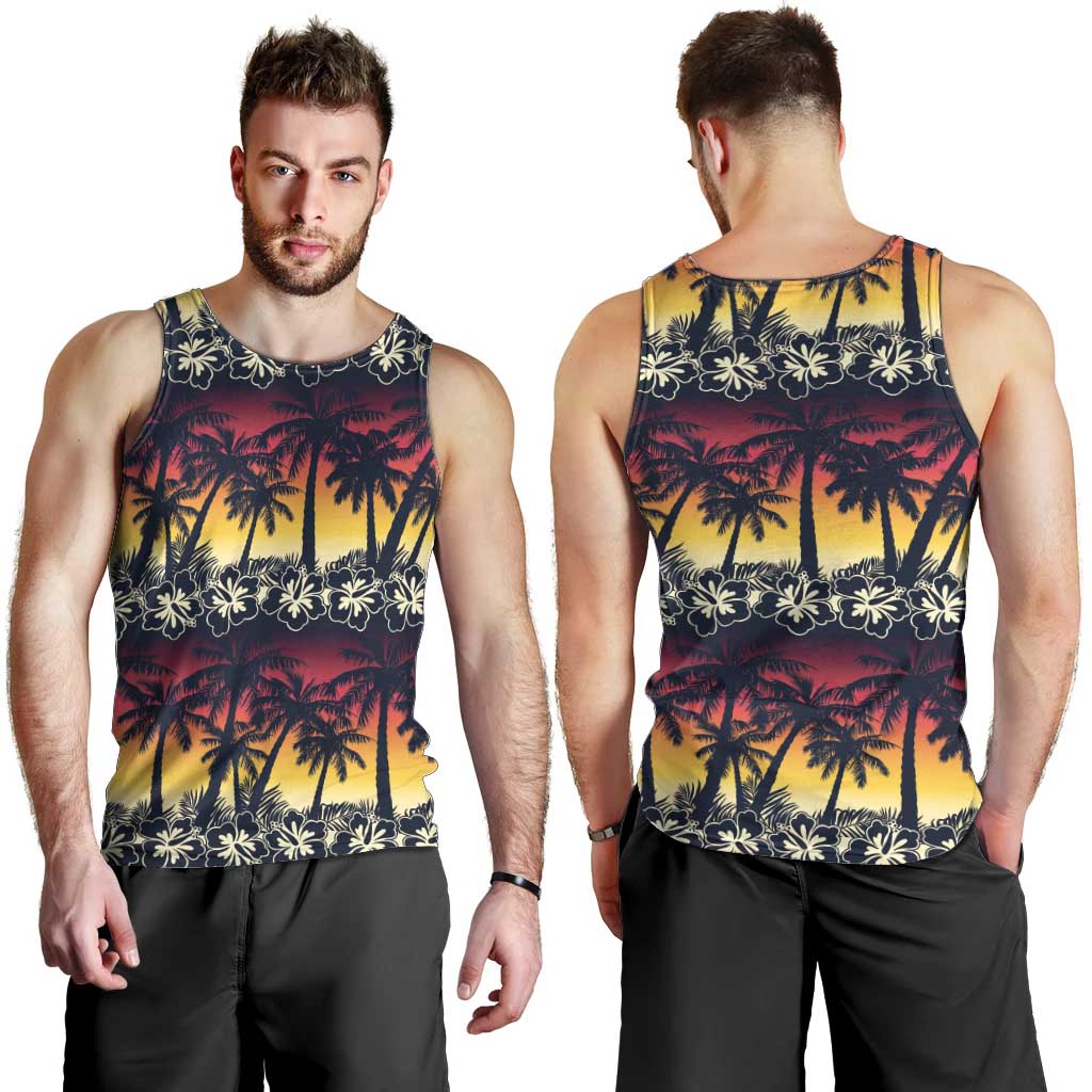Hawaii Hibiscus Palm Tree Sunset Men Tank Top Tropical Style - Polynesian Pride