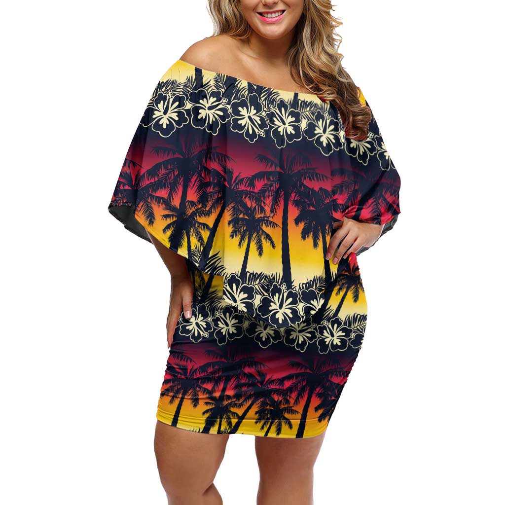 Hawaii Hibiscus Palm Tree Sunset Off Shoulder Short Dress Tropical Style - Polynesian Pride