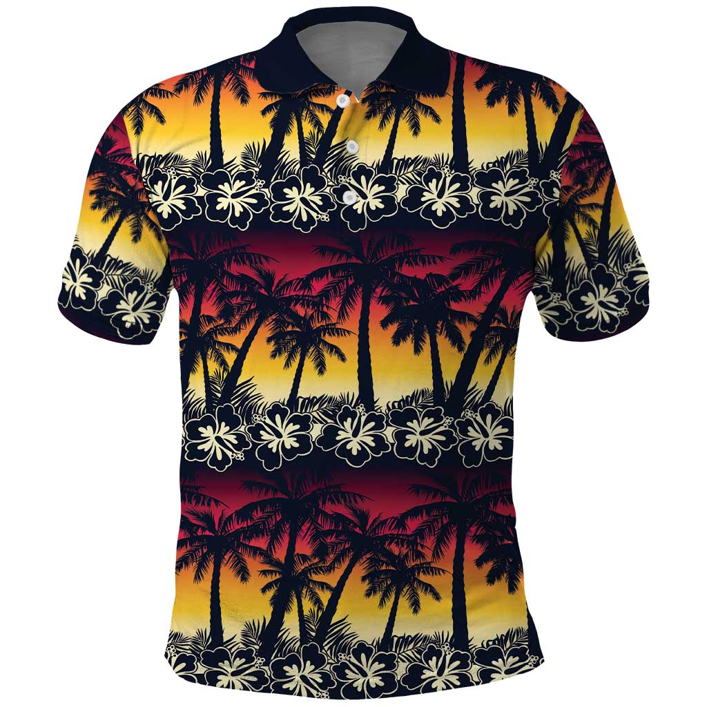 Hawaii Hibiscus Palm Tree Sunset Polo Shirt Tropical Style - Polynesian Pride