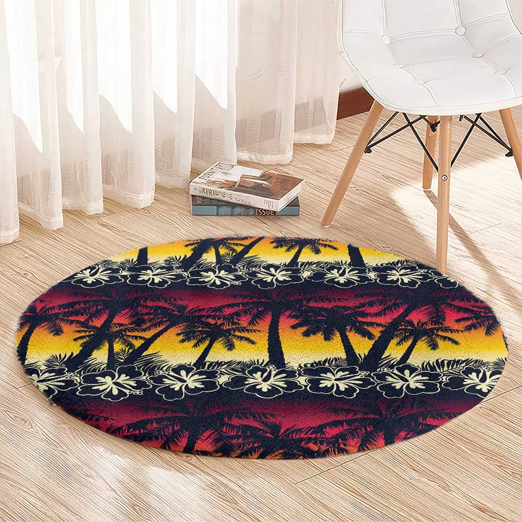 Hawaii Hibiscus Palm Tree Sunset Round Carpet Tropical Style - Polynesian Pride