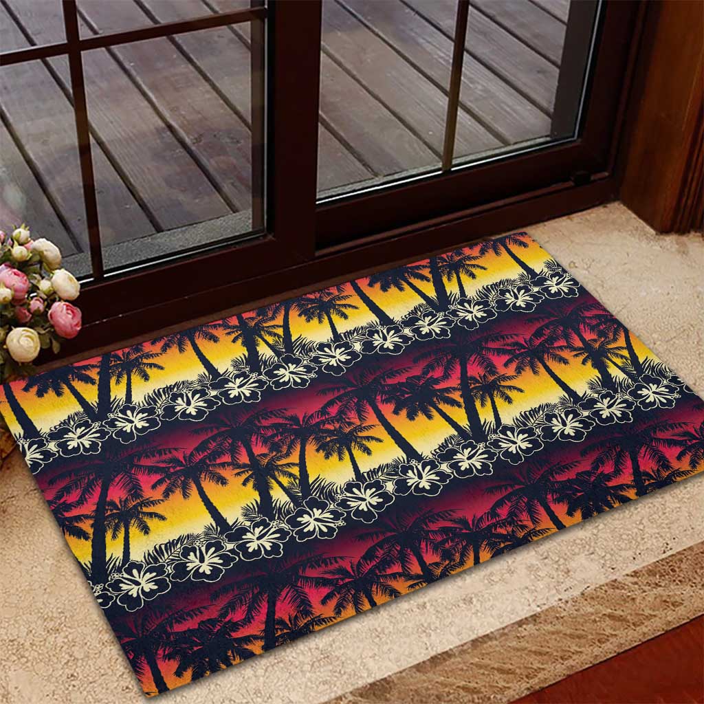 Hawaii Hibiscus Palm Tree Sunset Rubber Doormat Tropical Style - Polynesian Pride