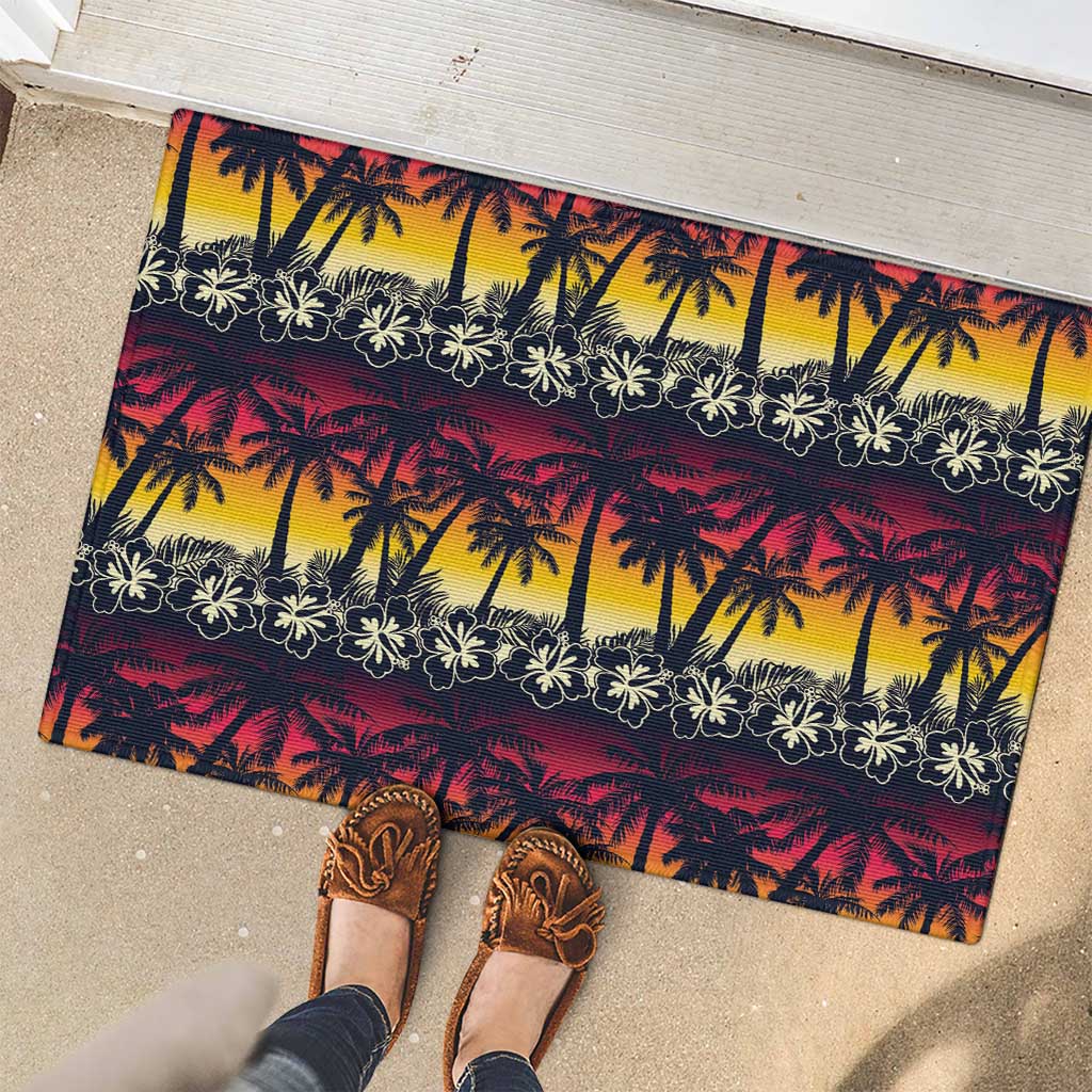 Hawaii Hibiscus Palm Tree Sunset Rubber Doormat Tropical Style - Polynesian Pride