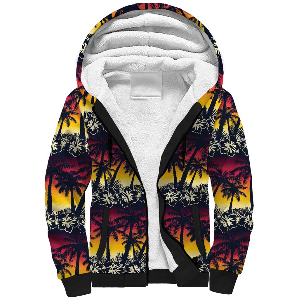 Hawaii Hibiscus Palm Tree Sunset Sherpa Hoodie Tropical Style - Polynesian Pride