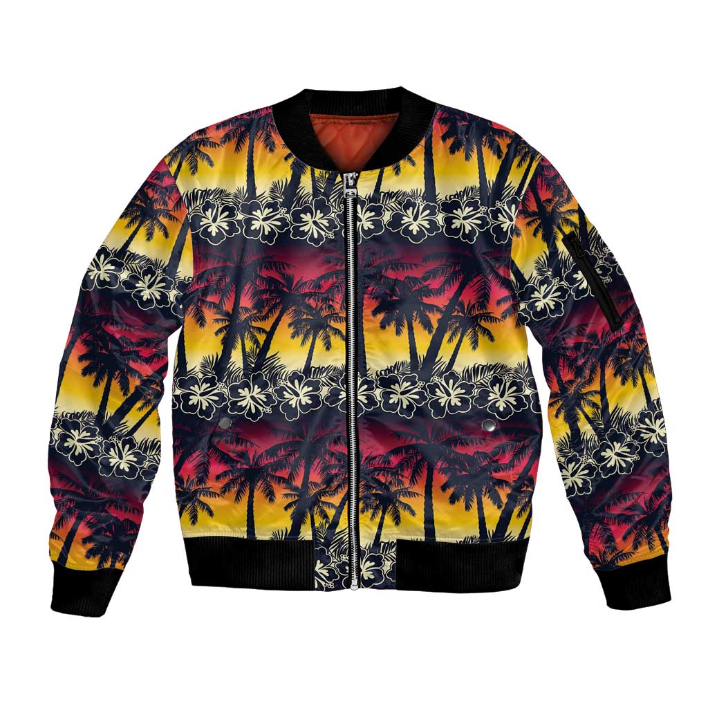 Hawaii Hibiscus Palm Tree Sunset Sleeve Zip Bomber Jacket Tropical Style - Polynesian Pride