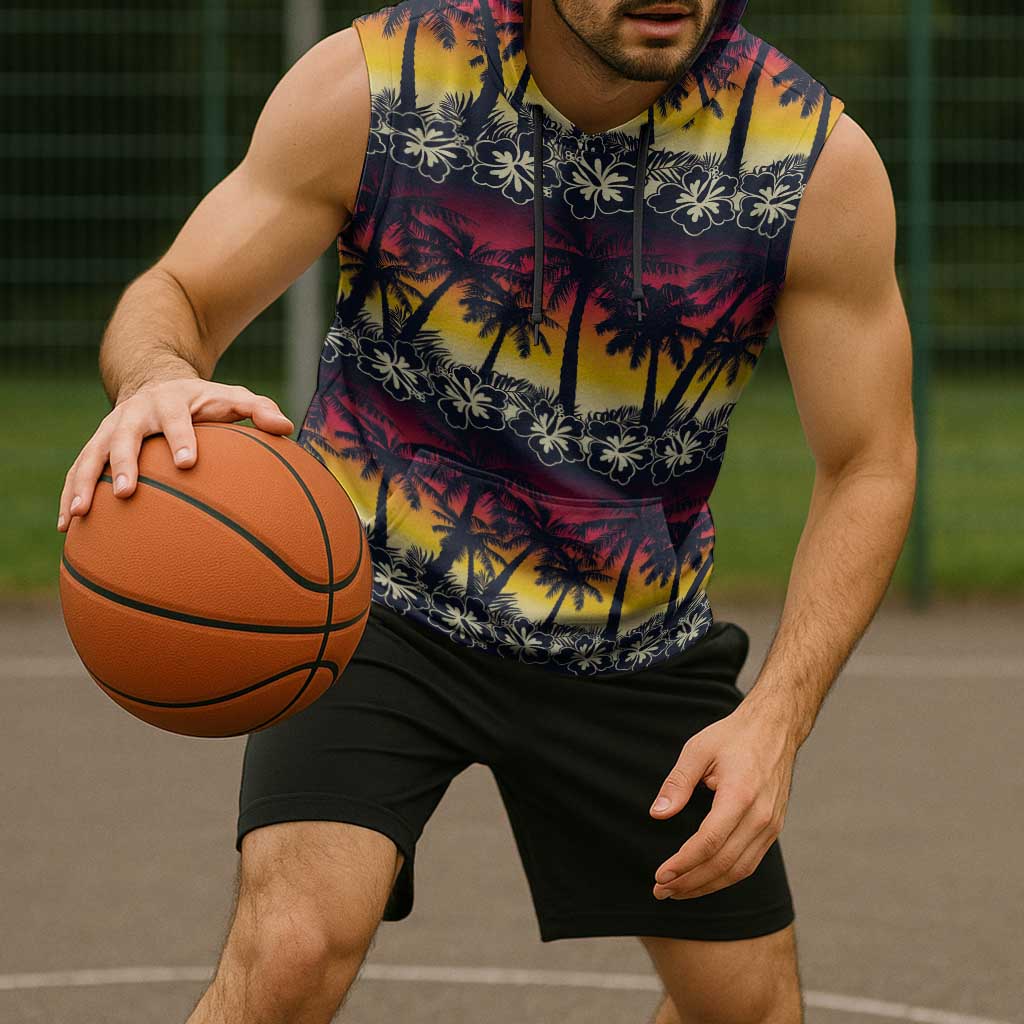 Hawaii Hibiscus Palm Tree Sunset Sleeveless Hoodie Tropical Style - Polynesian Pride